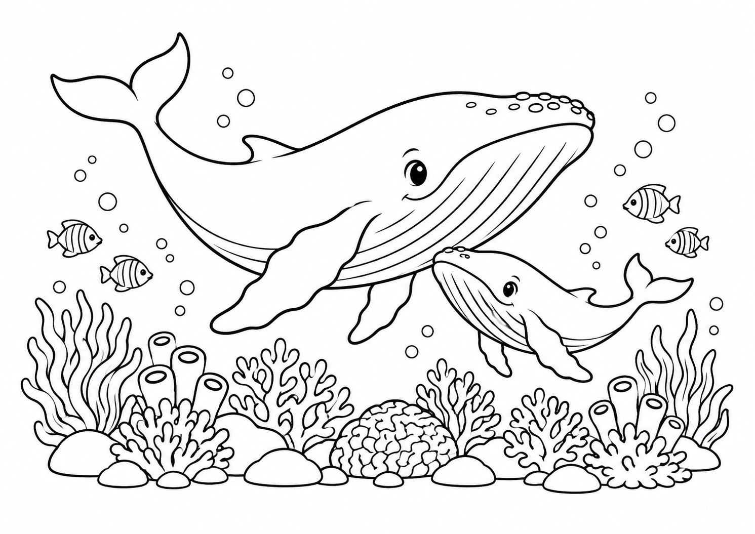 Baleia e filhote nadando sobre um jardim de corais, desenho para colorir em A4 paisagem