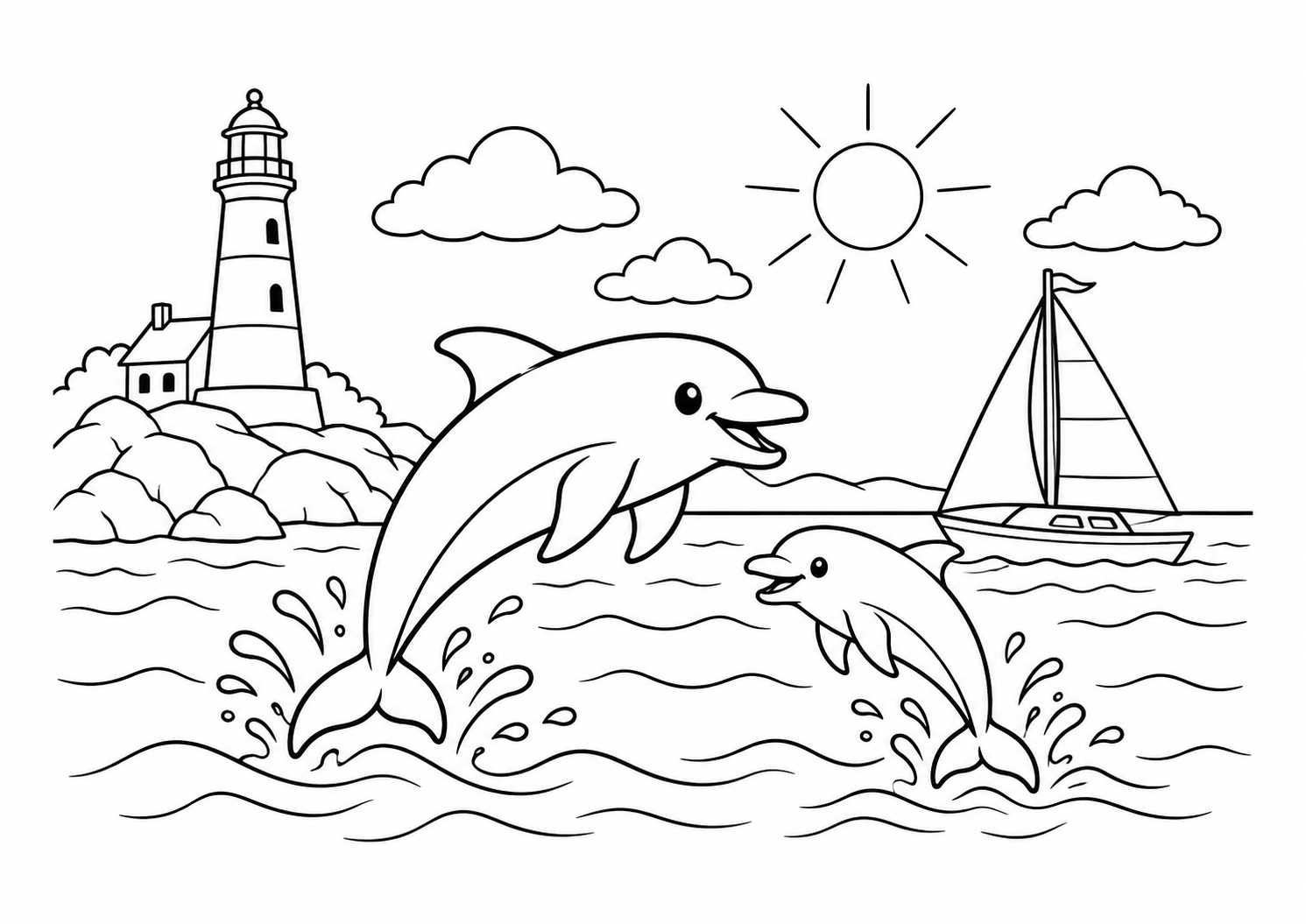 Golfinhos saltando perto de um farol e barco à vela, desenho para colorir em A4 paisagem