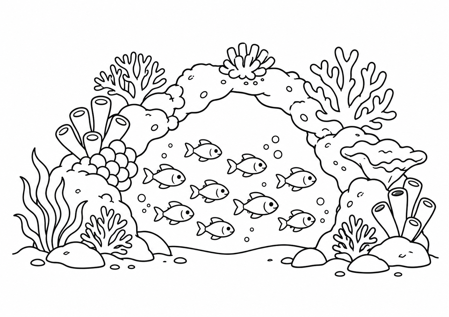 Cardume de peixes pequenos passando sob um arco de coral, desenho para colorir em A4 paisagem