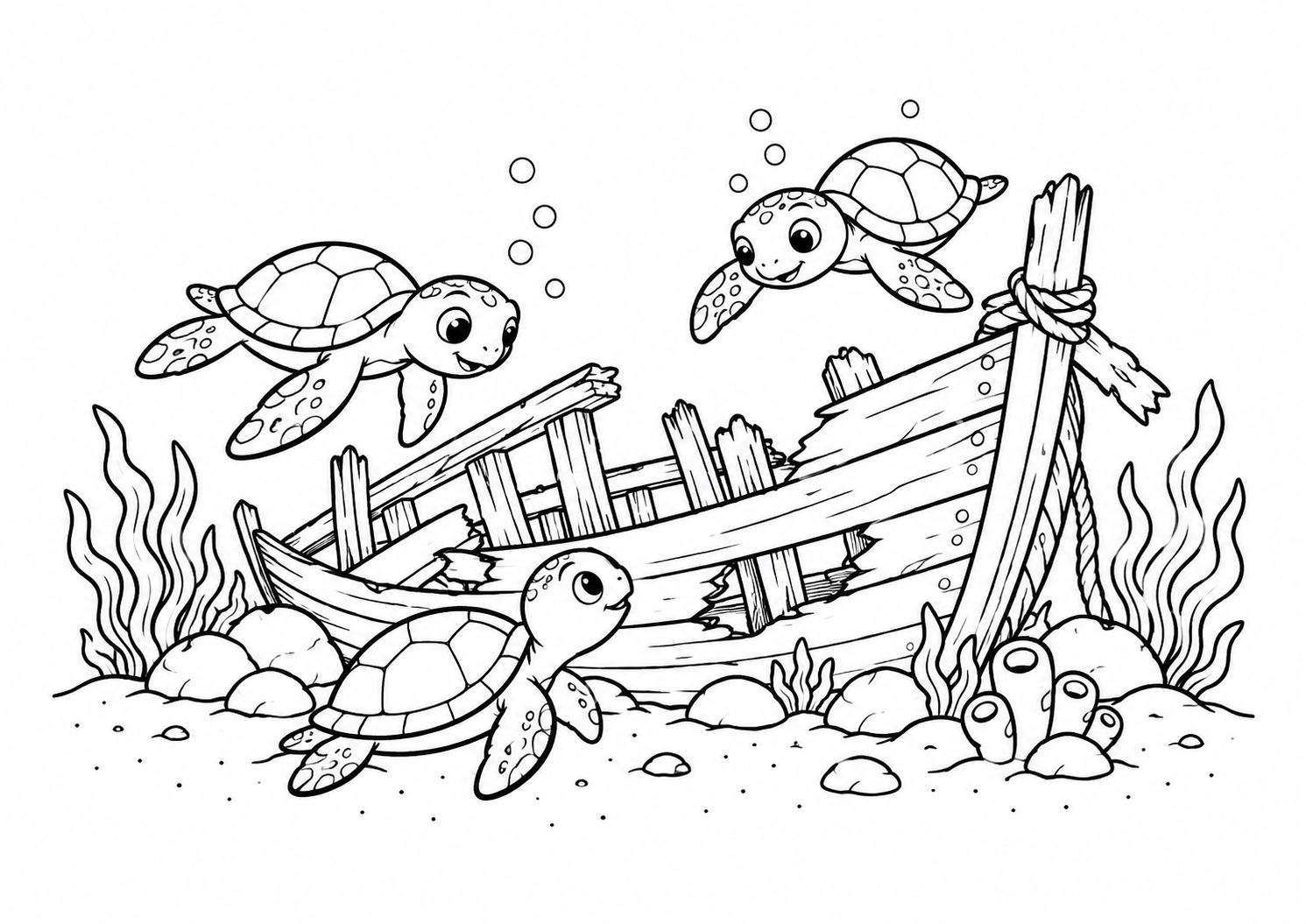 Tartarugas explorando os restos de um barquinho de madeira, desenho para colorir em A4 paisagem