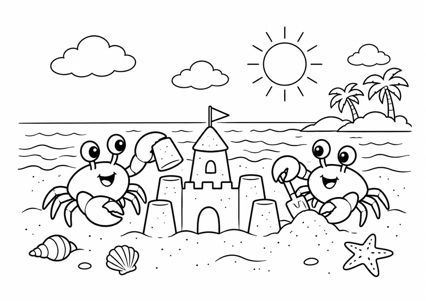 Caranguejos construindo castelos de areia numa praia, desenho para colorir em A4 paisagem