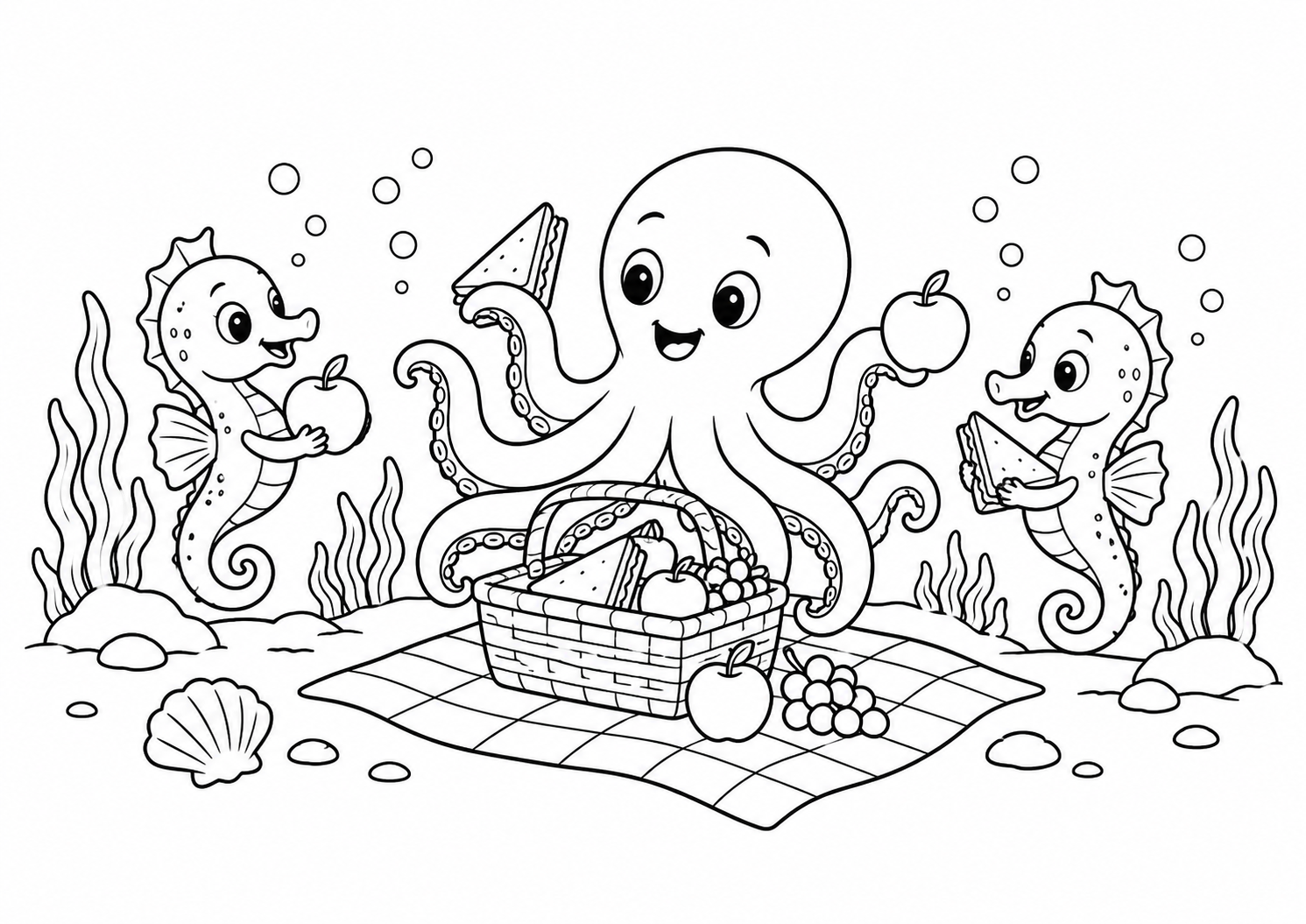Polvo e cavalos-marinhos preparando piquenique submarino, desenho para colorir em A4 paisagem