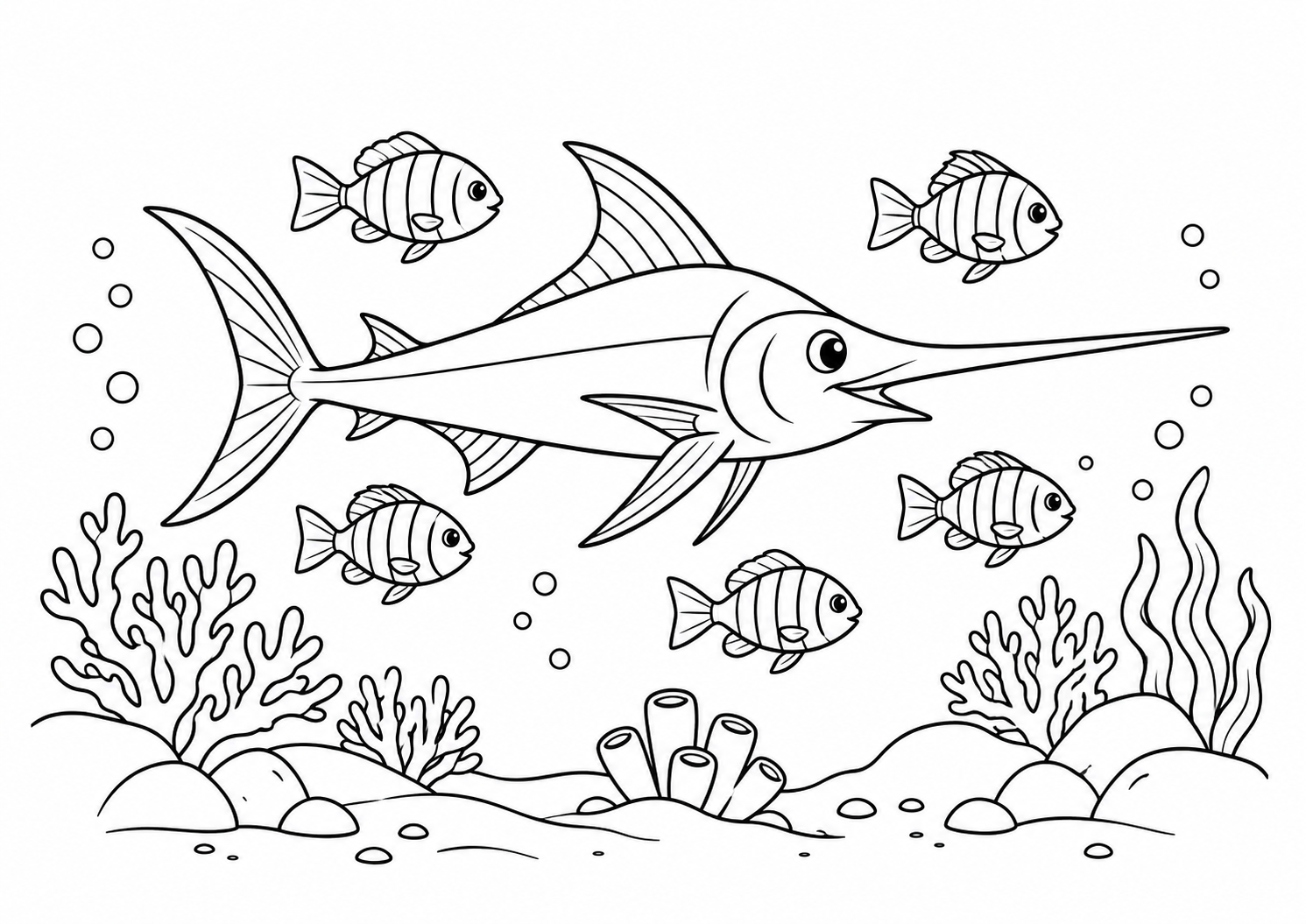 Peixe-espada nadando com peixes-listrados numa paisagem submarina, desenho para colorir em A4 paisagem