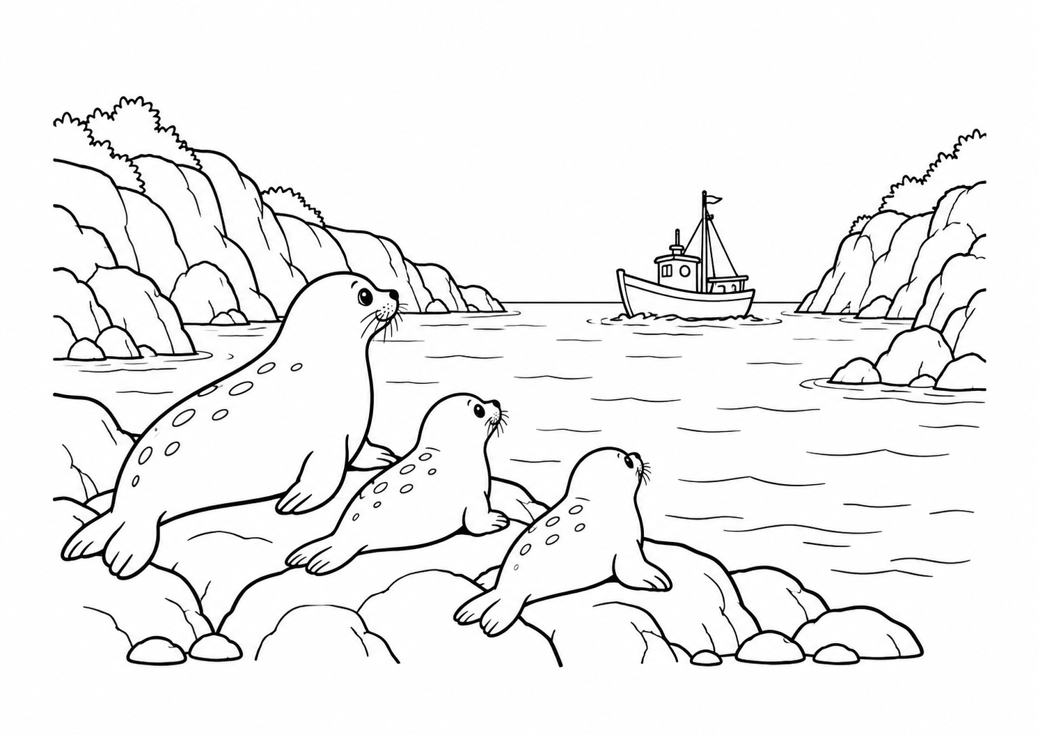 Focas observando um barco distante em enseada rochosa, desenho para colorir em A4 paisagem