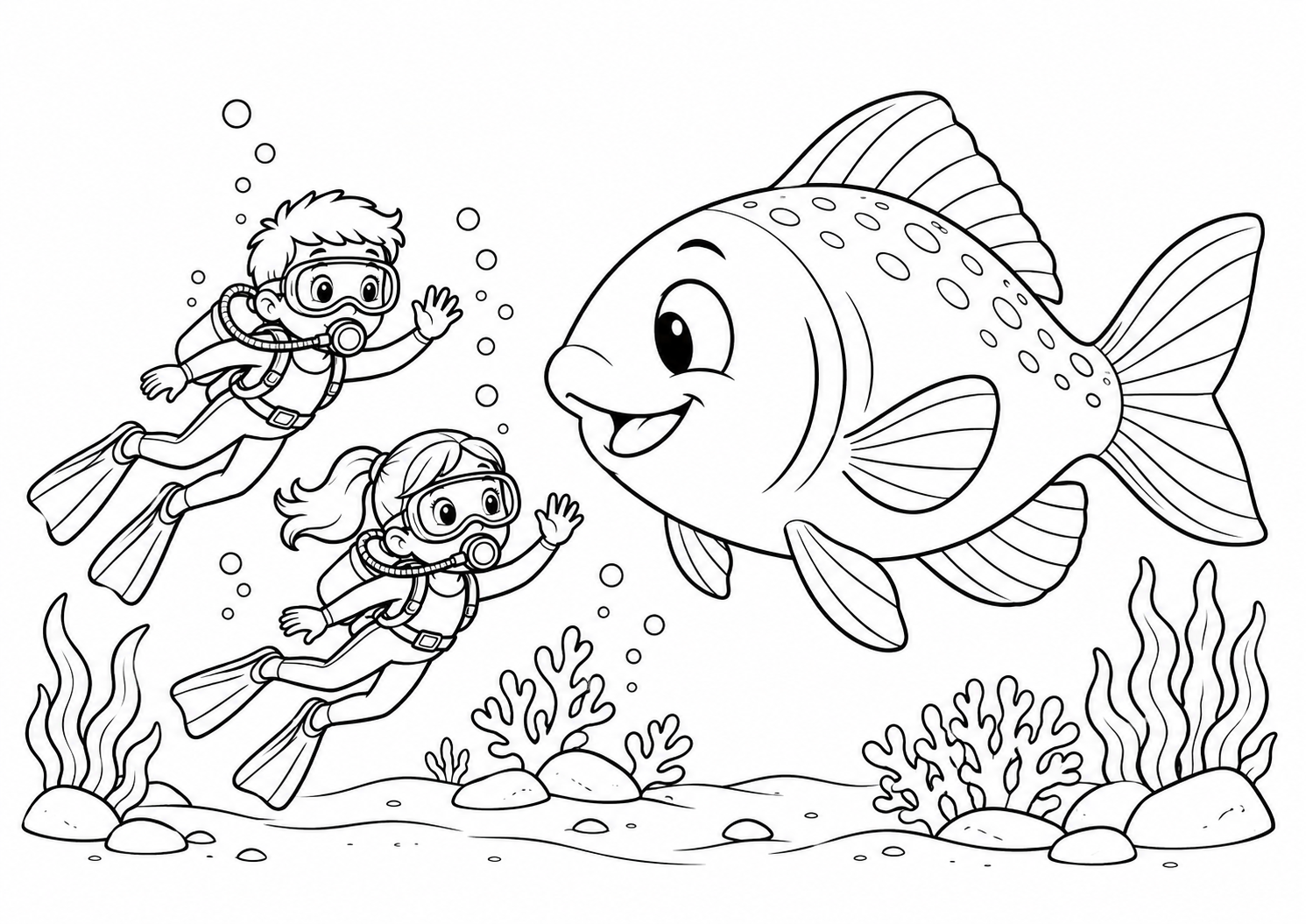 Dois mergulhadores infantis acenando para um peixe enorme gentil, desenho para colorir em A4 paisagem