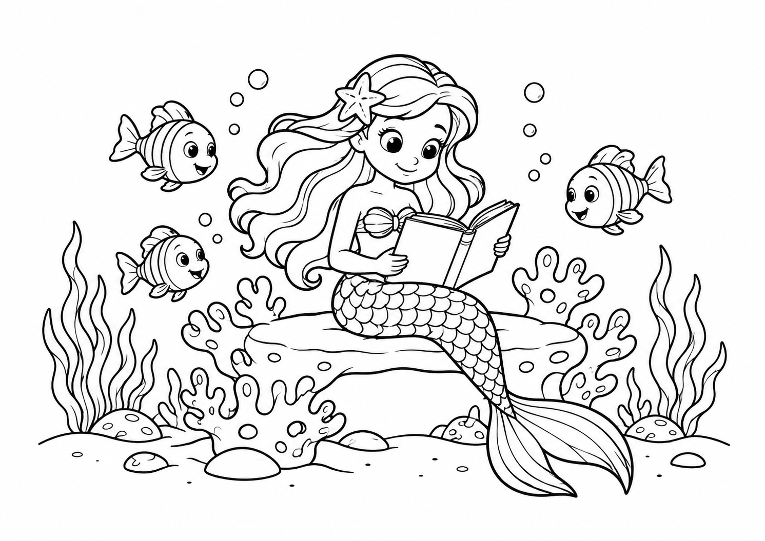 Sereia lendo num banco de coral com peixinhos, desenho para colorir em A4 paisagem