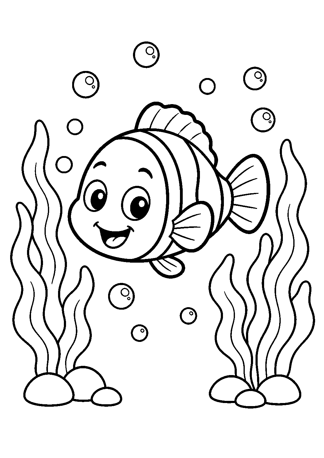 Peixinho listrado entre as algas, desenho para colorir em A4 retrato