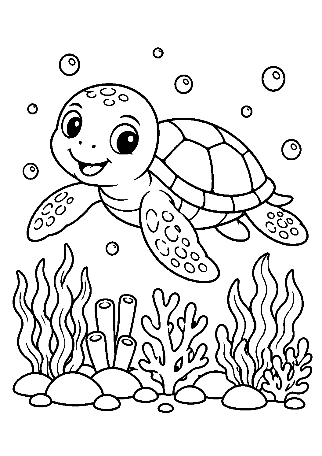 Tartaruga marinha sobre os corais, desenho para colorir em A4 retrato