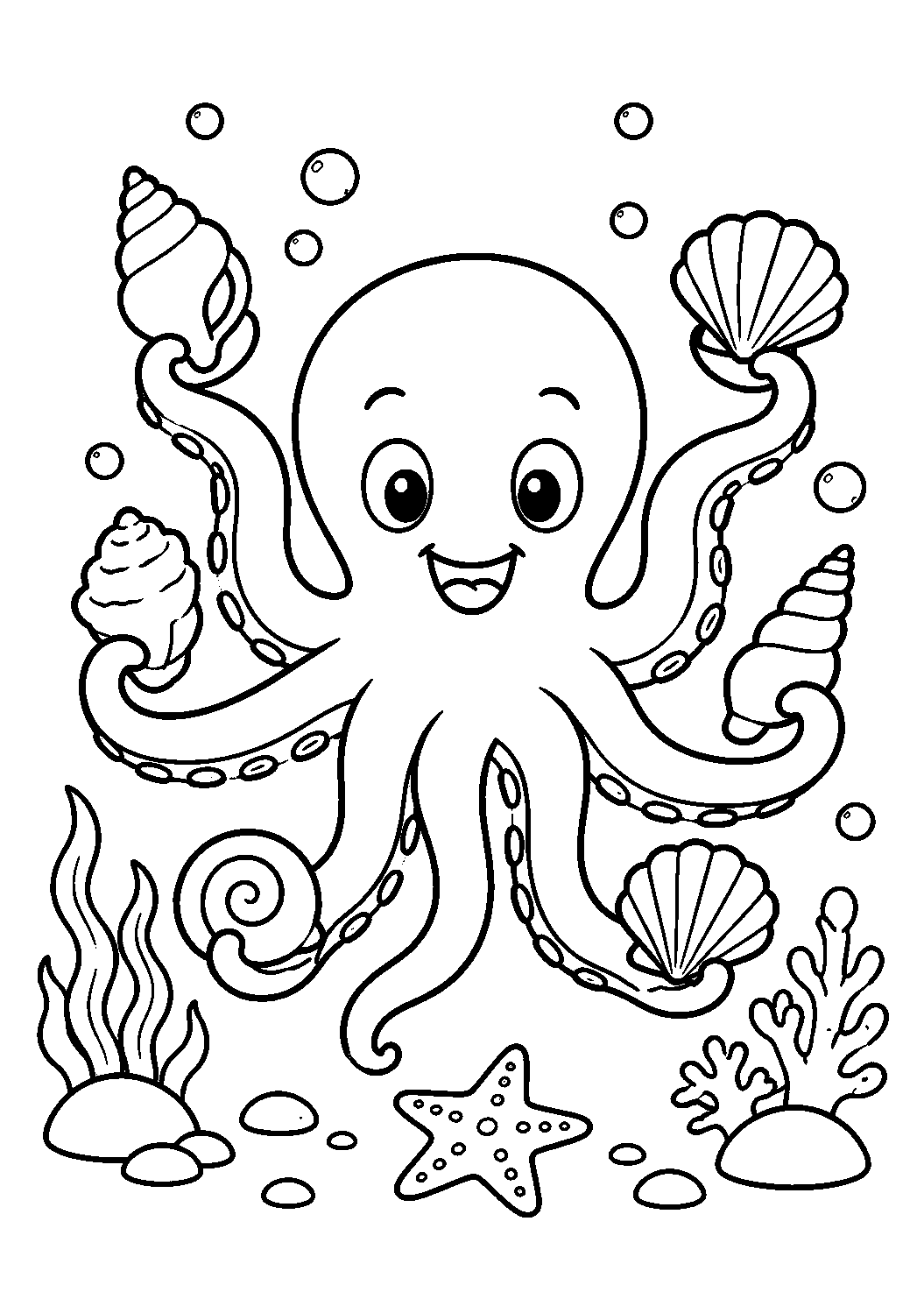Polvo segurando conchas, desenho para colorir em A4 retrato