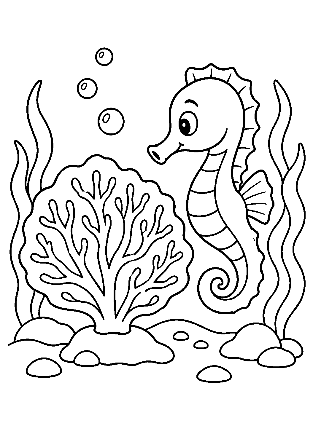 Cavalo-marinho ao lado do coral, desenho para colorir em A4 retrato