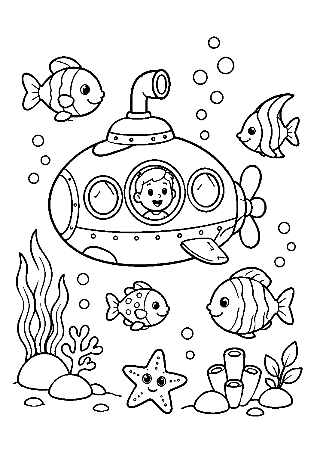 Submarino rodeado de peixinhos, desenho para colorir em A4 retrato