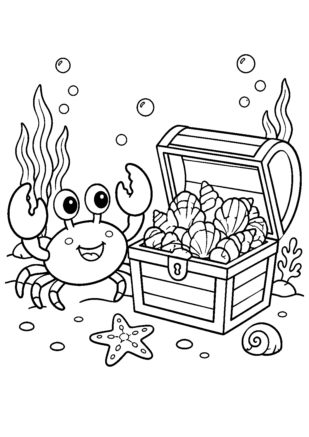 Caranguejo com um baú de conchas, desenho para colorir em A4 retrato