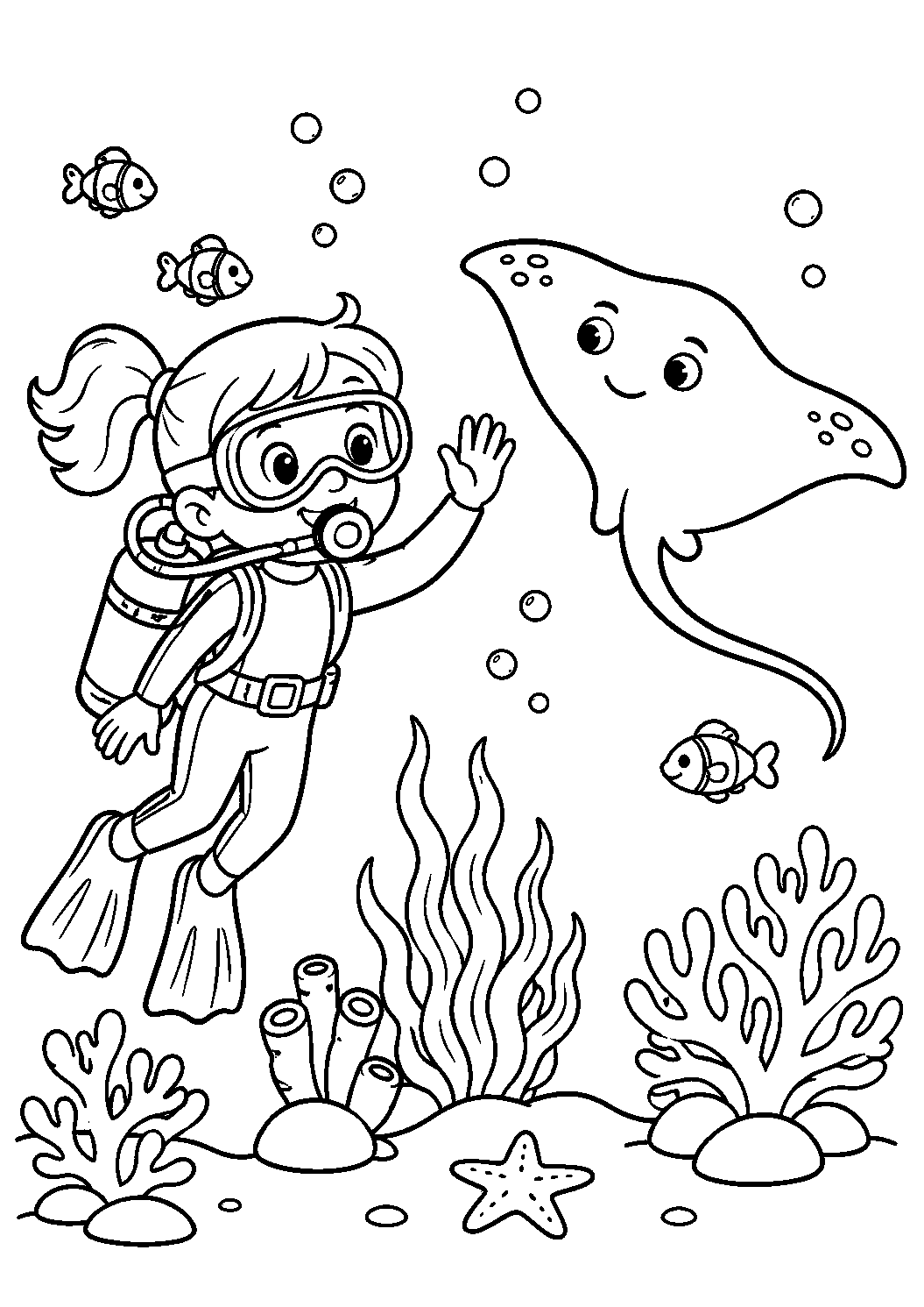 Mergulhadora acenando para a arraia, desenho para colorir em A4 retrato