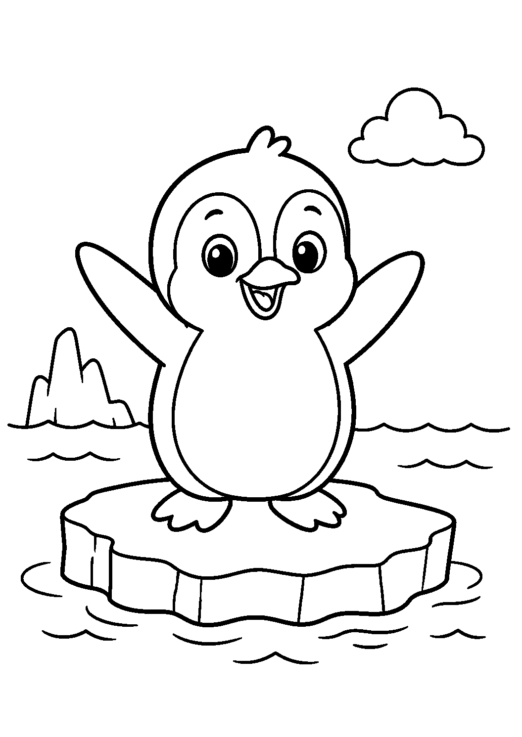 Pinguim sobre um bloco de gelo, desenho para colorir em A4 retrato