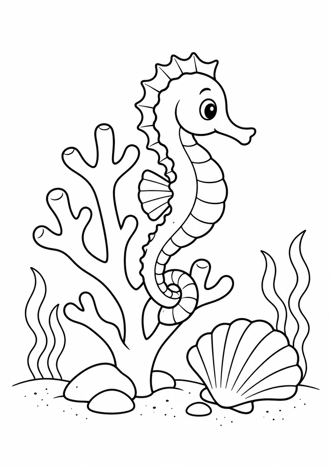 Cavalo-marinho enrolado num galho de coral perto de uma concha, desenho para colorir em A4 retrato