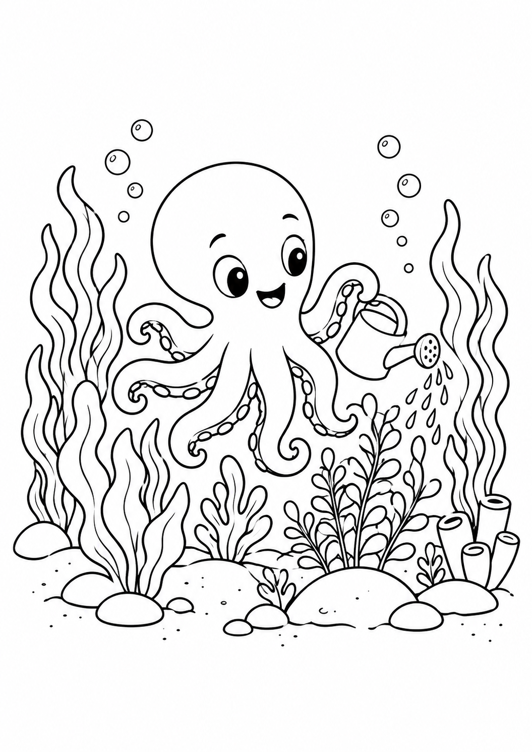 Polvo simpático cuidando de um jardim de algas, desenho para colorir em A4 retrato