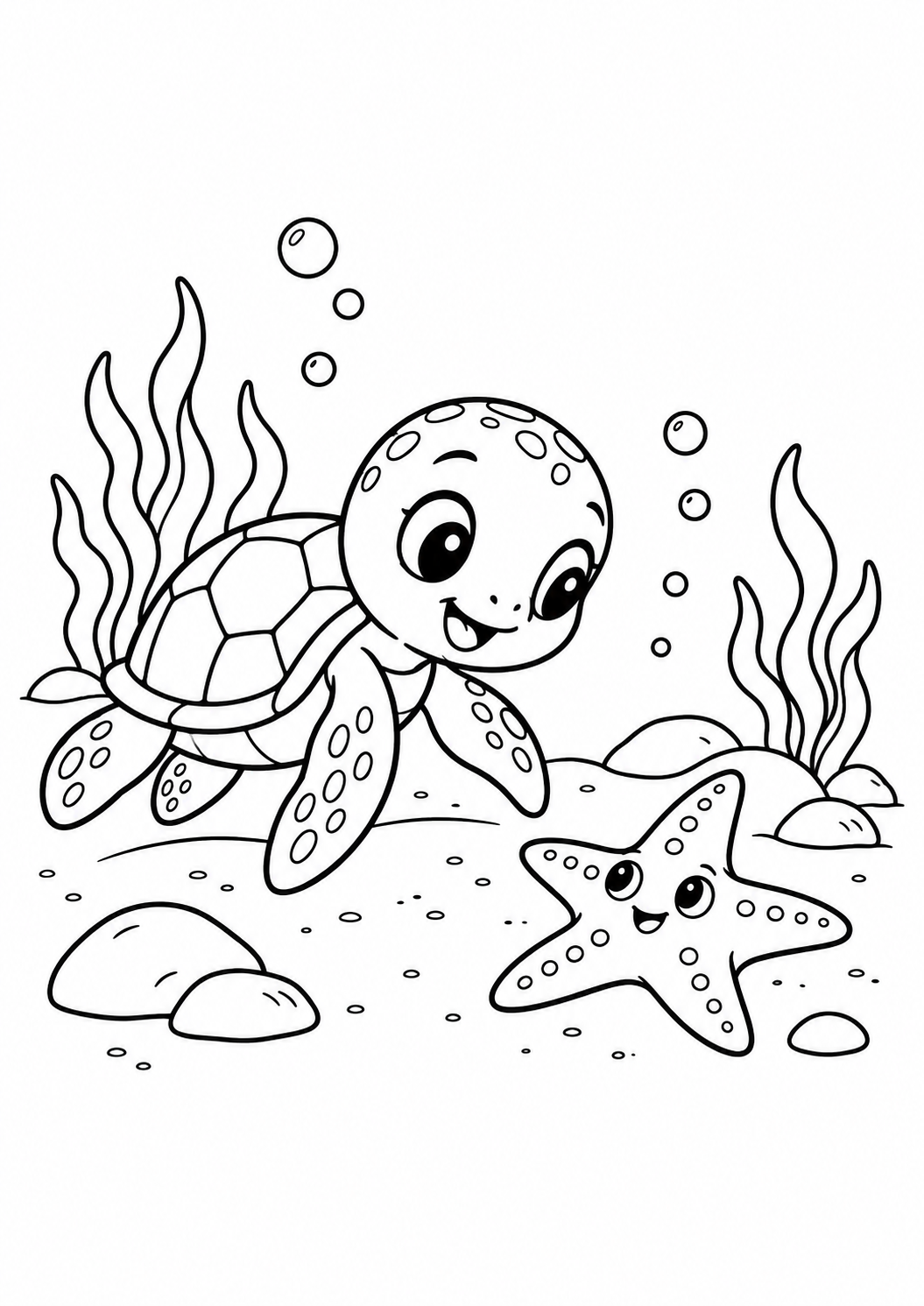 Tartaruga marinha bebê olhando uma estrela-do-mar, desenho para colorir em A4 retrato