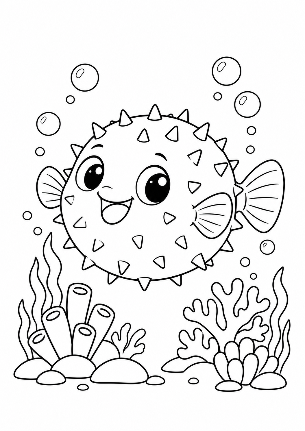 Peixe-balão sorridente entre bolhas e corais redondos, desenho para colorir em A4 retrato
