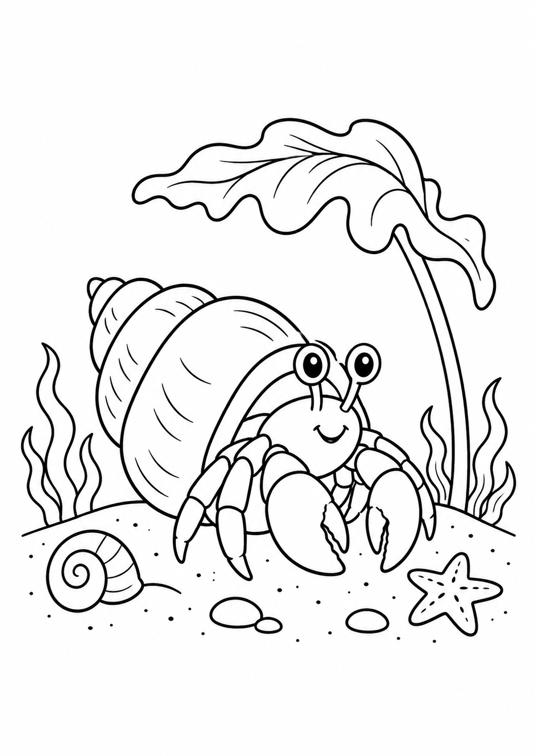 Caranguejo ermitão com concha espiral e guarda-sol de alga, desenho para colorir em A4 retrato