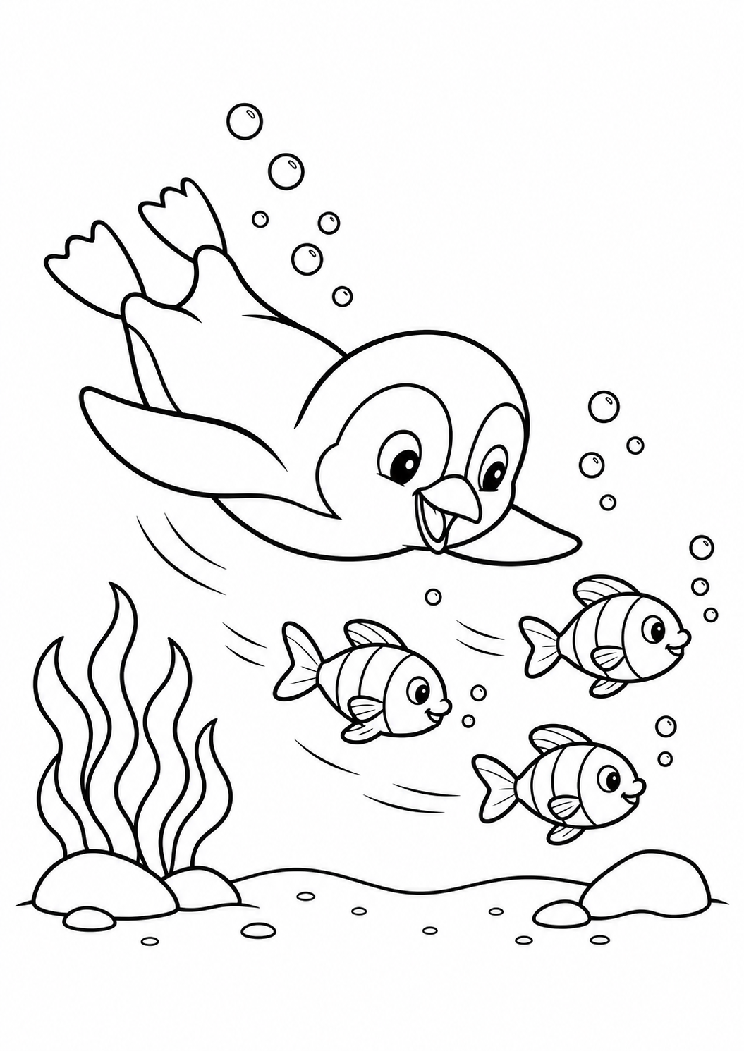 Pinguim mergulhando atrás de três peixinhos, desenho para colorir em A4 retrato