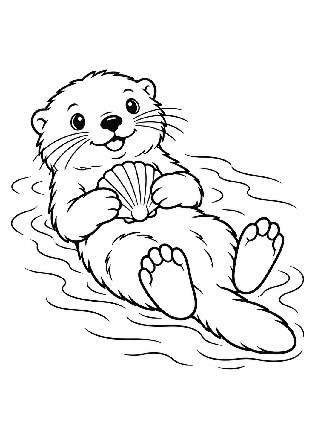 Lontra marinha flutuando com uma concha na barriga, desenho para colorir em A4 retrato