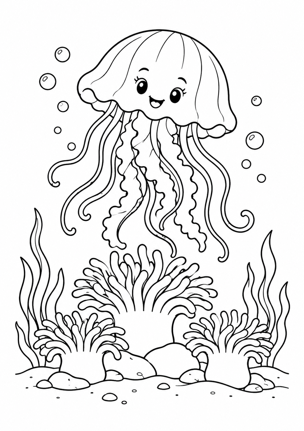 Água-viva graciosa acima de um pequeno jardim de anêmonas, desenho para colorir em A4 retrato