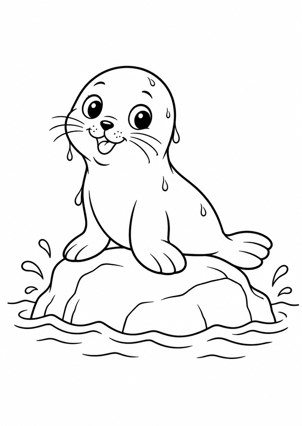 Foca bebê sentada numa pedra com gotas de água, desenho para colorir em A4 retrato