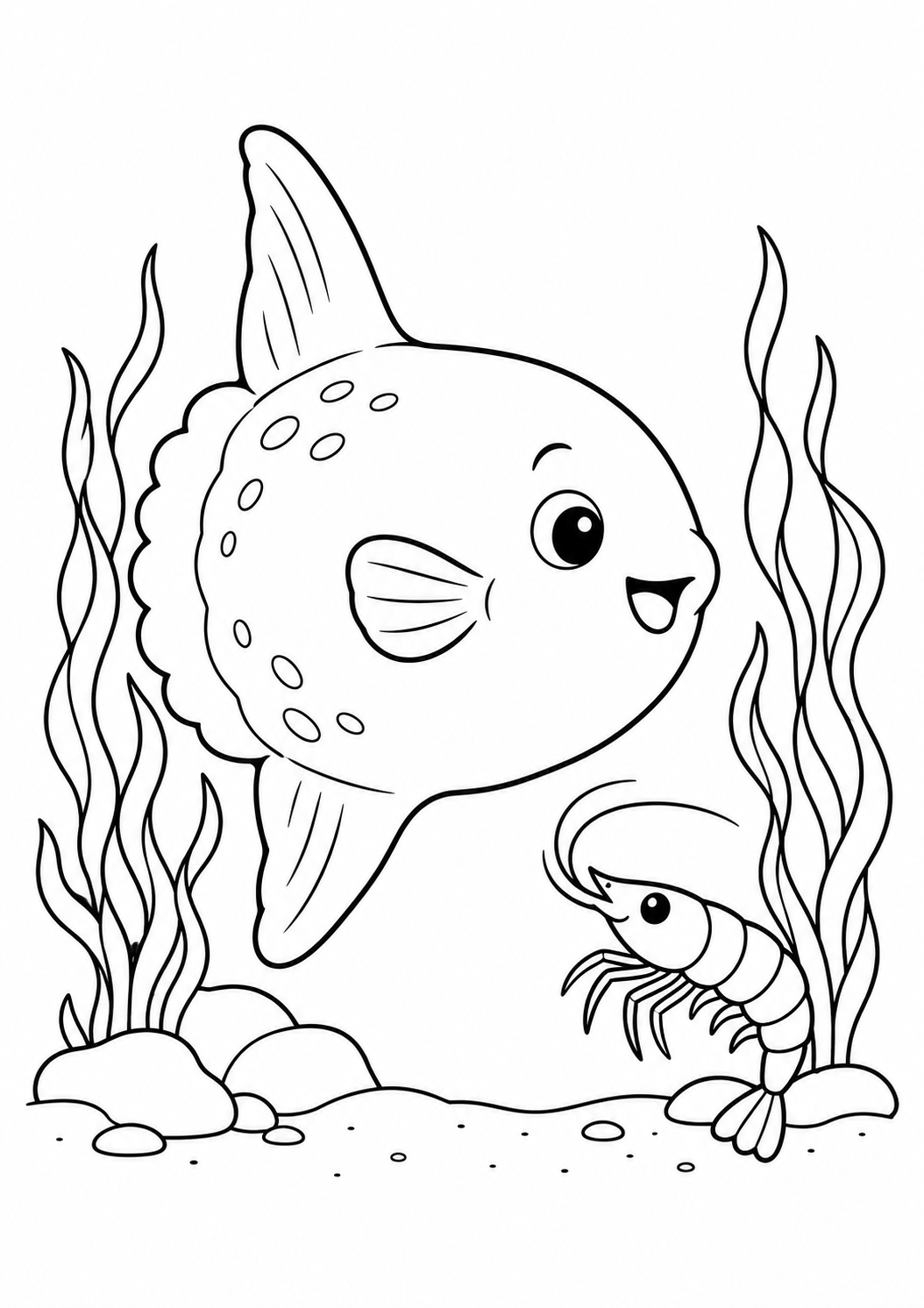 Peixe-lua amigável junto a algas compridas e um camarão, desenho para colorir em A4 retrato