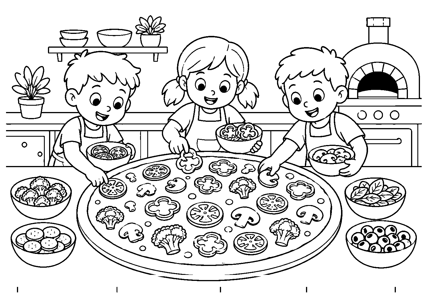 Crianças preparando pizza, desenho para colorir em A4 paisagem