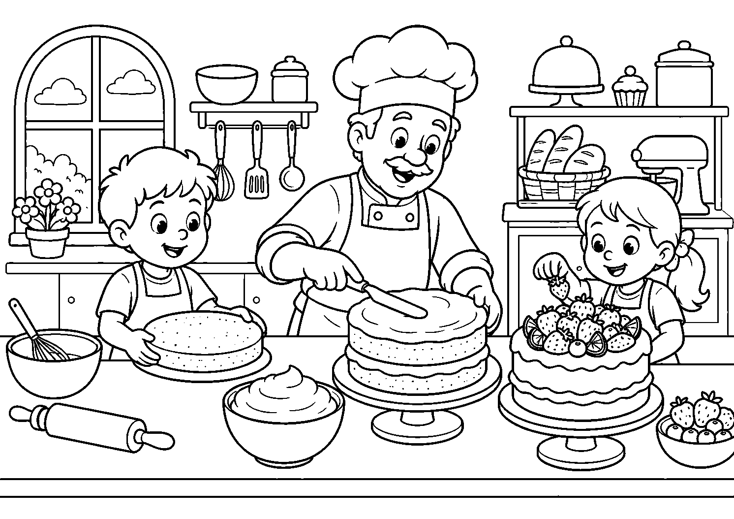 Confeiteiro e crianças decorando bolos, desenho para colorir em A4 paisagem
