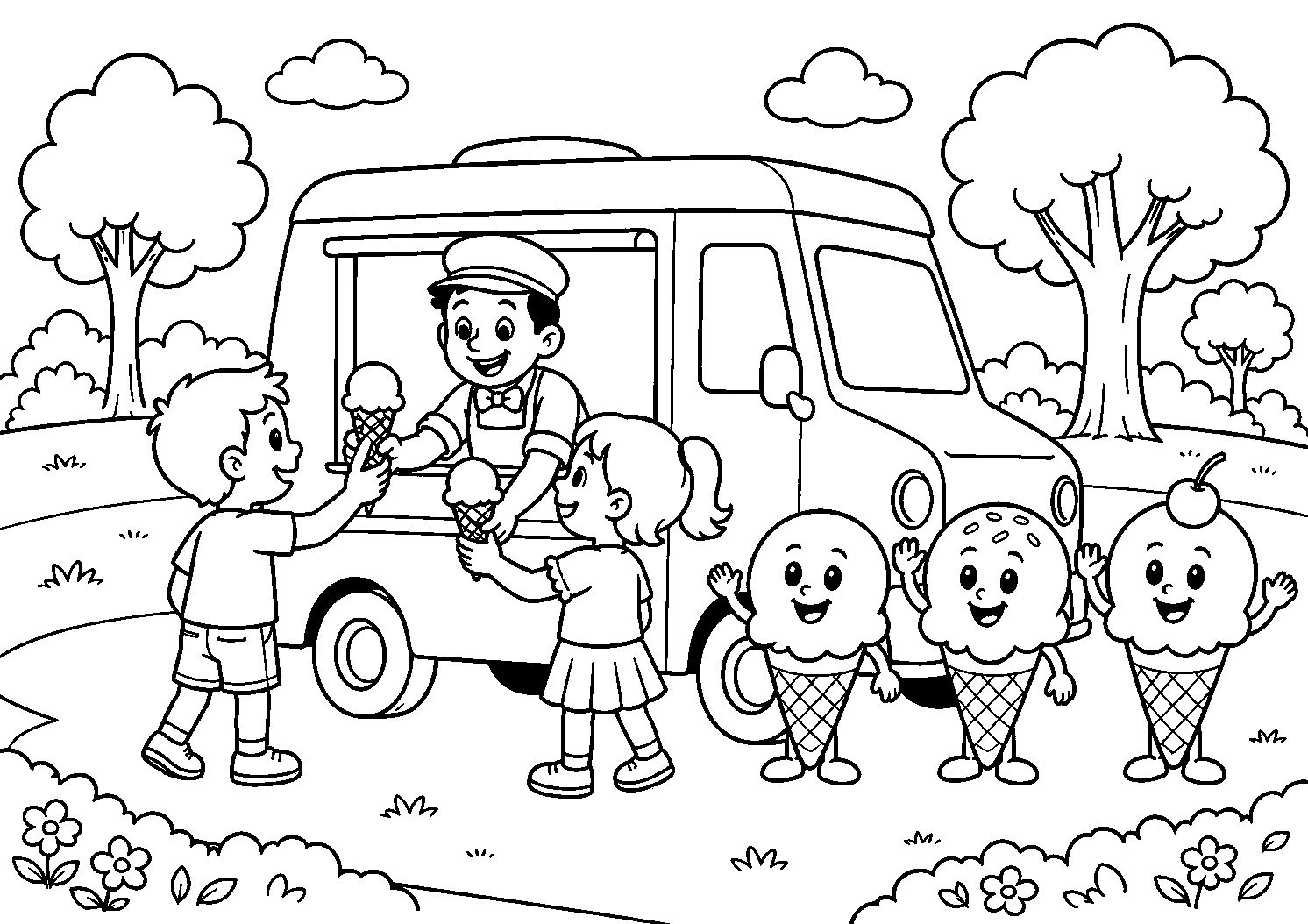 Crianças no caminhão de sorvete, desenho para colorir em A4 paisagem