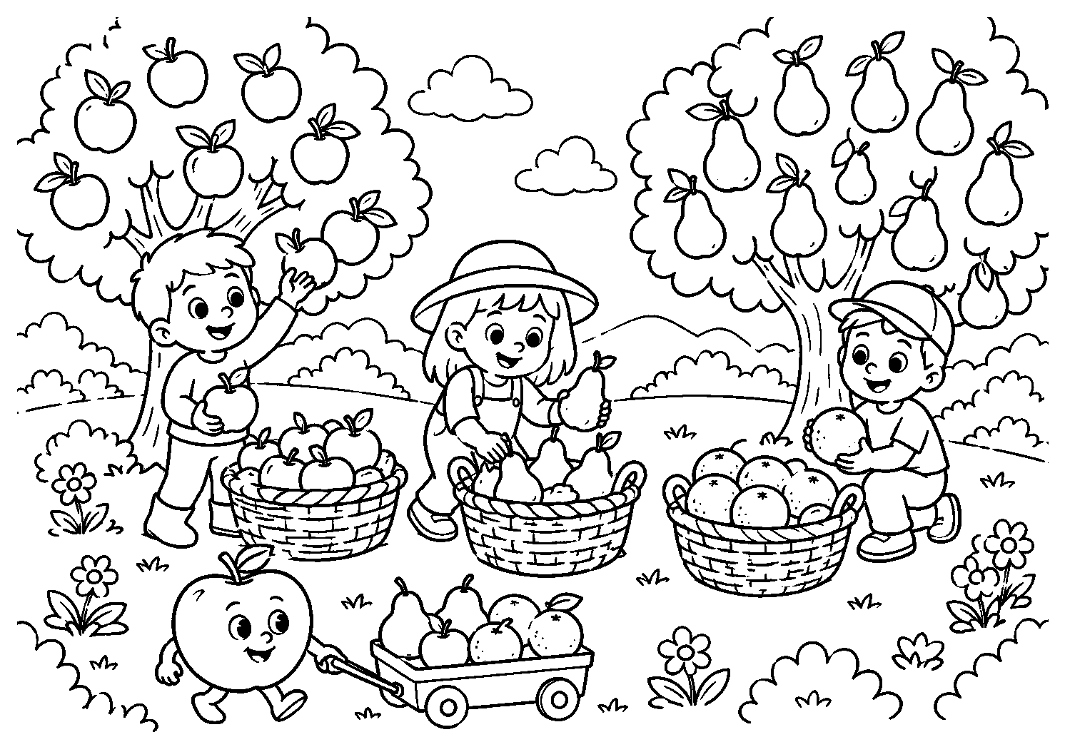 Crianças colhendo frutas no pomar, desenho para colorir em A4 paisagem