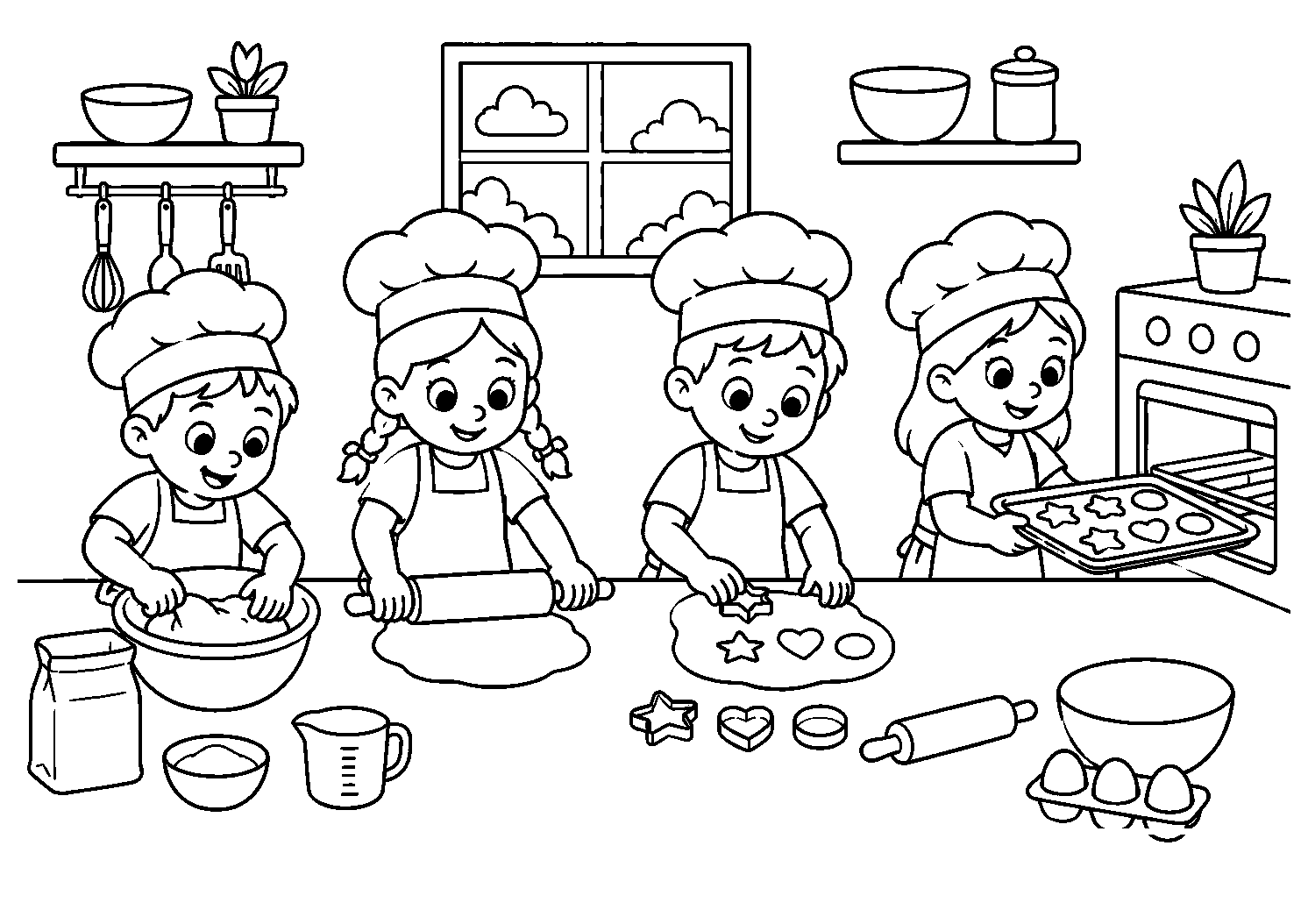 Crianças preparando biscoitos, desenho para colorir em A4 paisagem