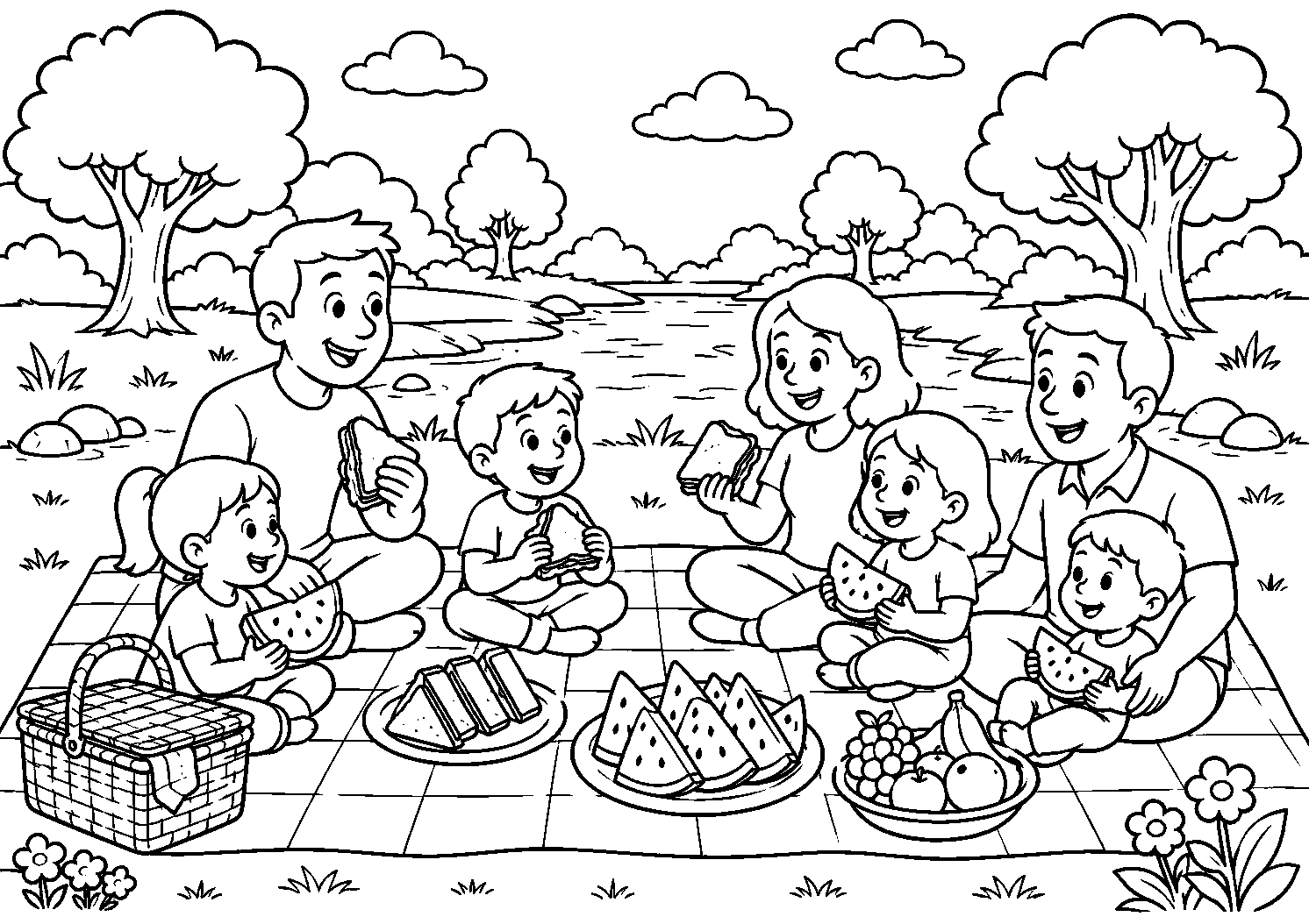 Piquenique com frutas e sanduíches, desenho para colorir em A4 paisagem