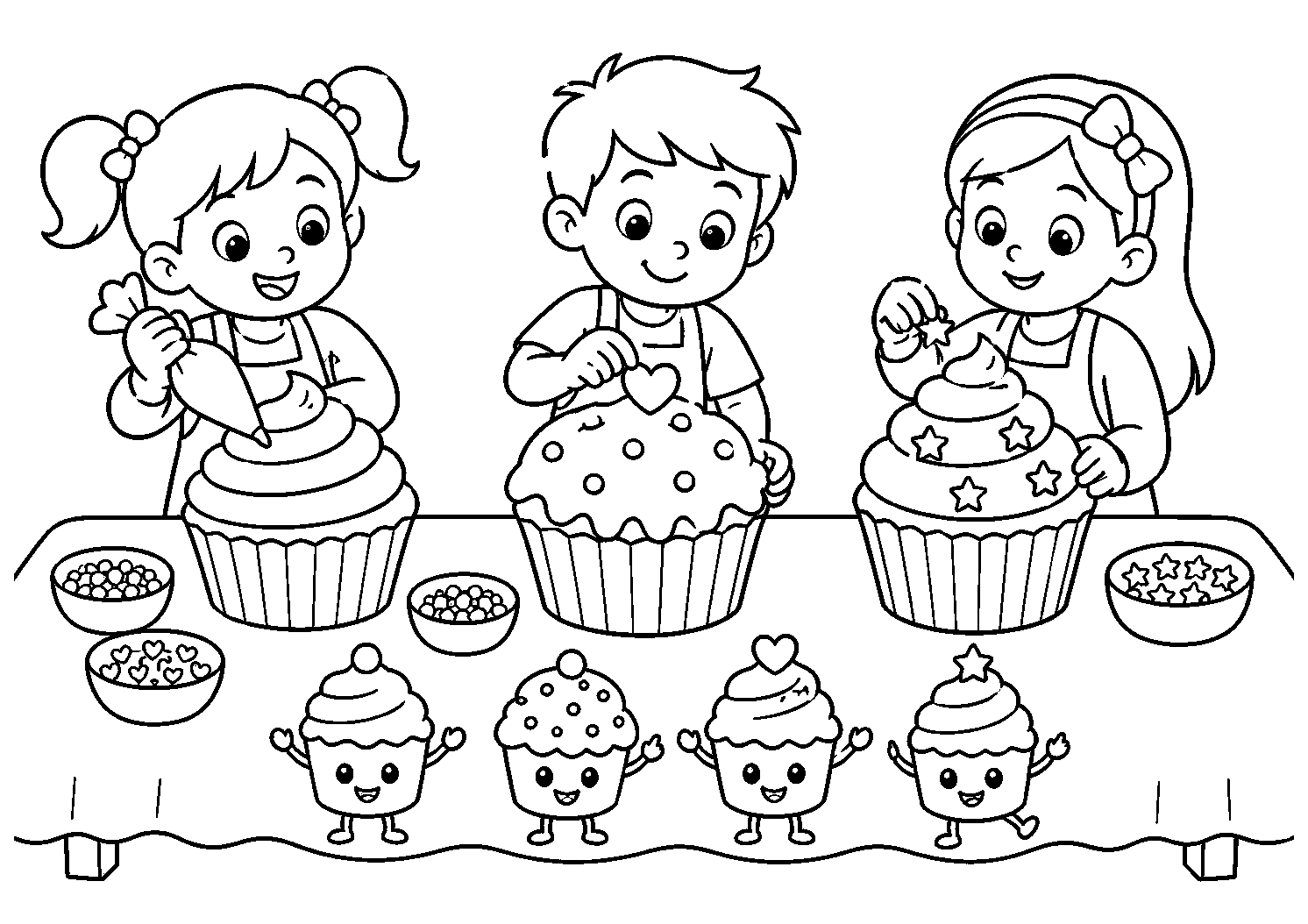 Crianças decorando cupcakes, desenho para colorir em A4 paisagem