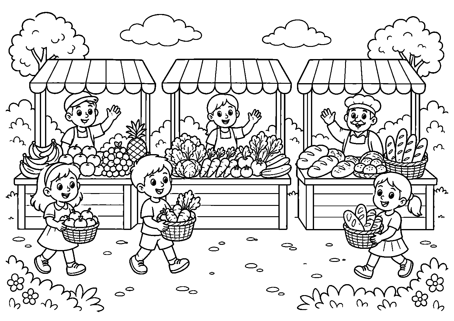 Feira com frutas, legumes e pães, desenho para colorir em A4 paisagem