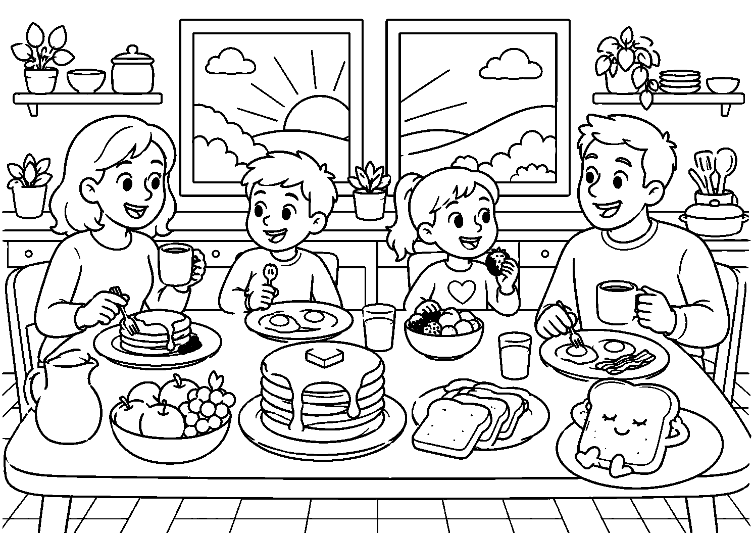 Café da manhã em família com panquecas, desenho para colorir em A4 paisagem