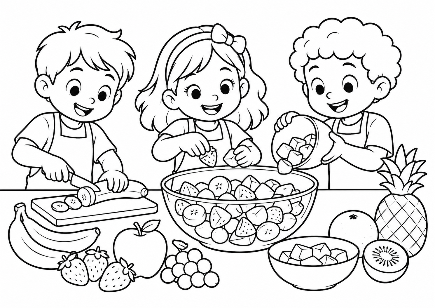 Crianças preparando salada de frutas numa mesa, desenho para colorir em A4 paisagem