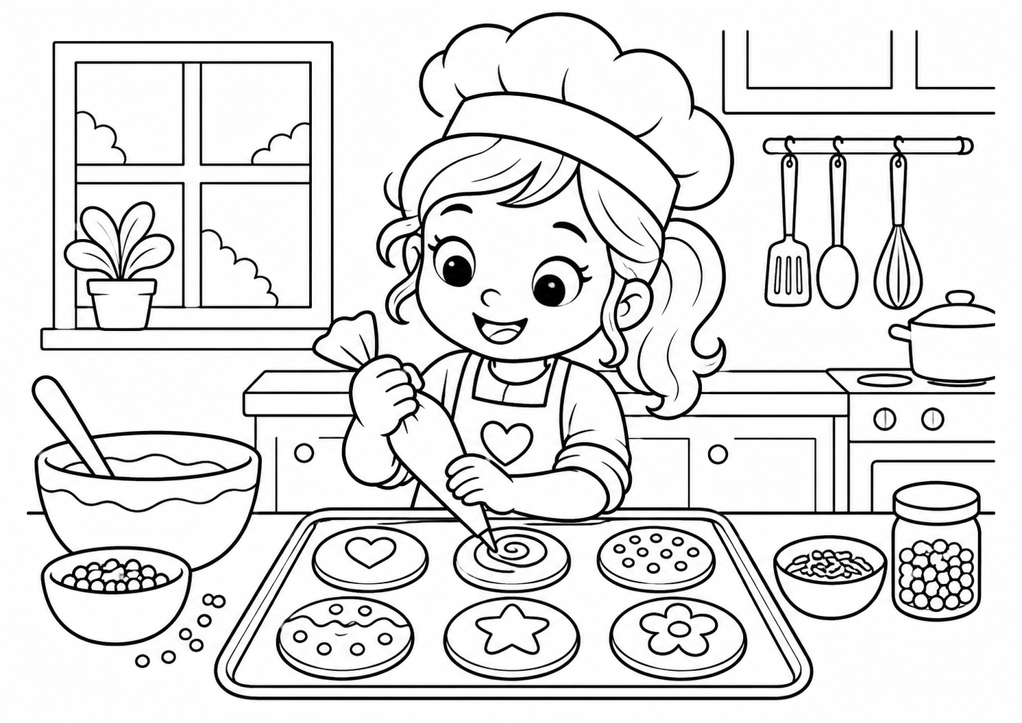 Confeiteira decorando biscoitos redondos numa cozinha, desenho para colorir em A4 paisagem