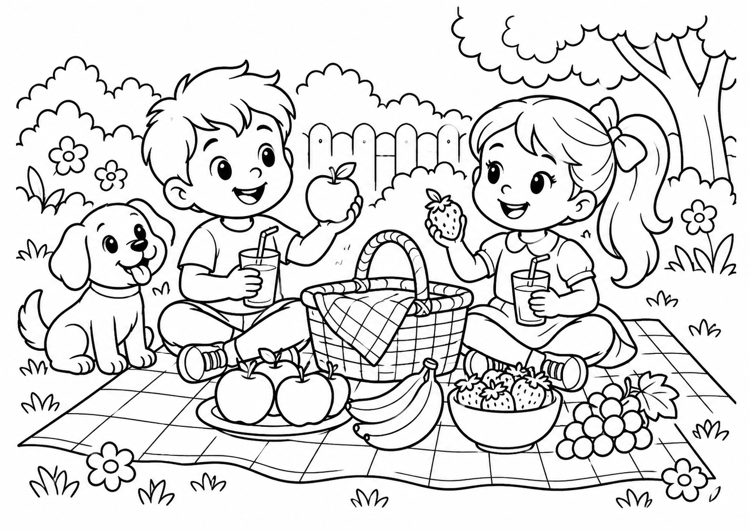 Piquenique no jardim com cesta, sucos e frutas, desenho para colorir em A4 paisagem