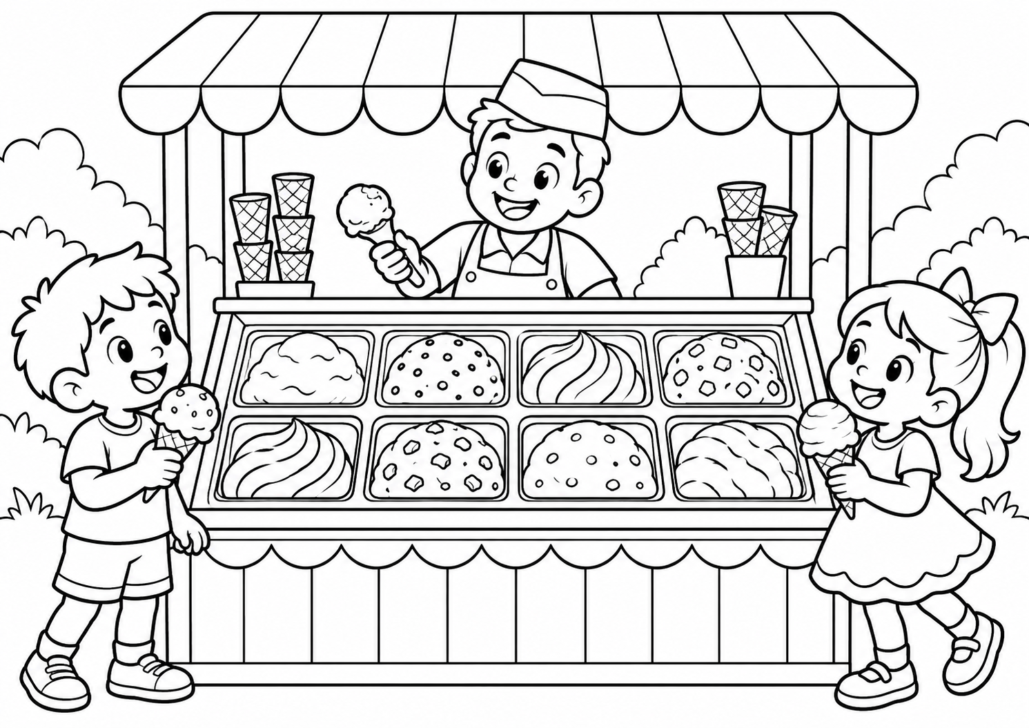Sorvetes em potes na banca, desenho para colorir em A4 paisagem