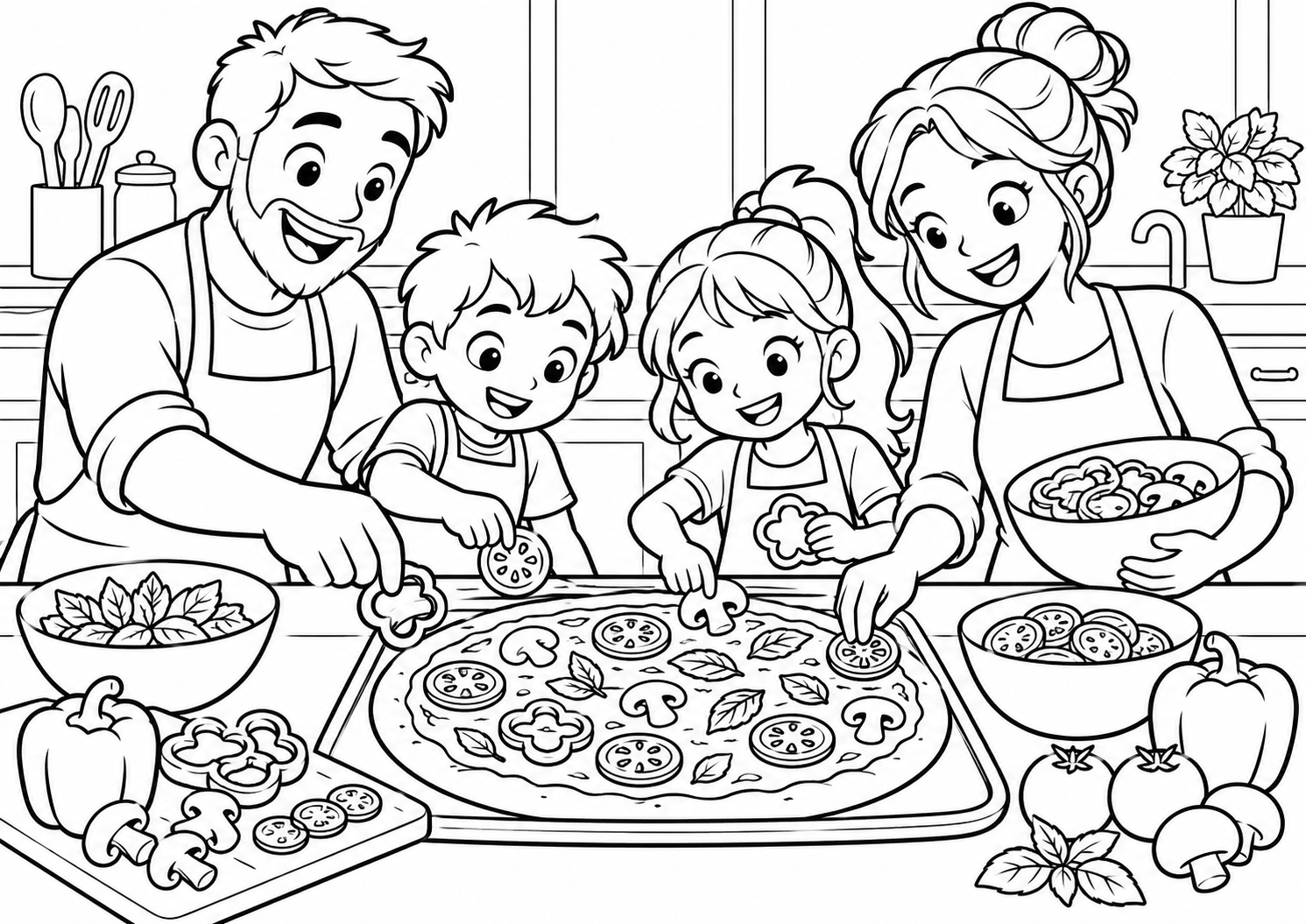 Família preparando pizza com legumes numa cozinha, desenho para colorir em A4 paisagem