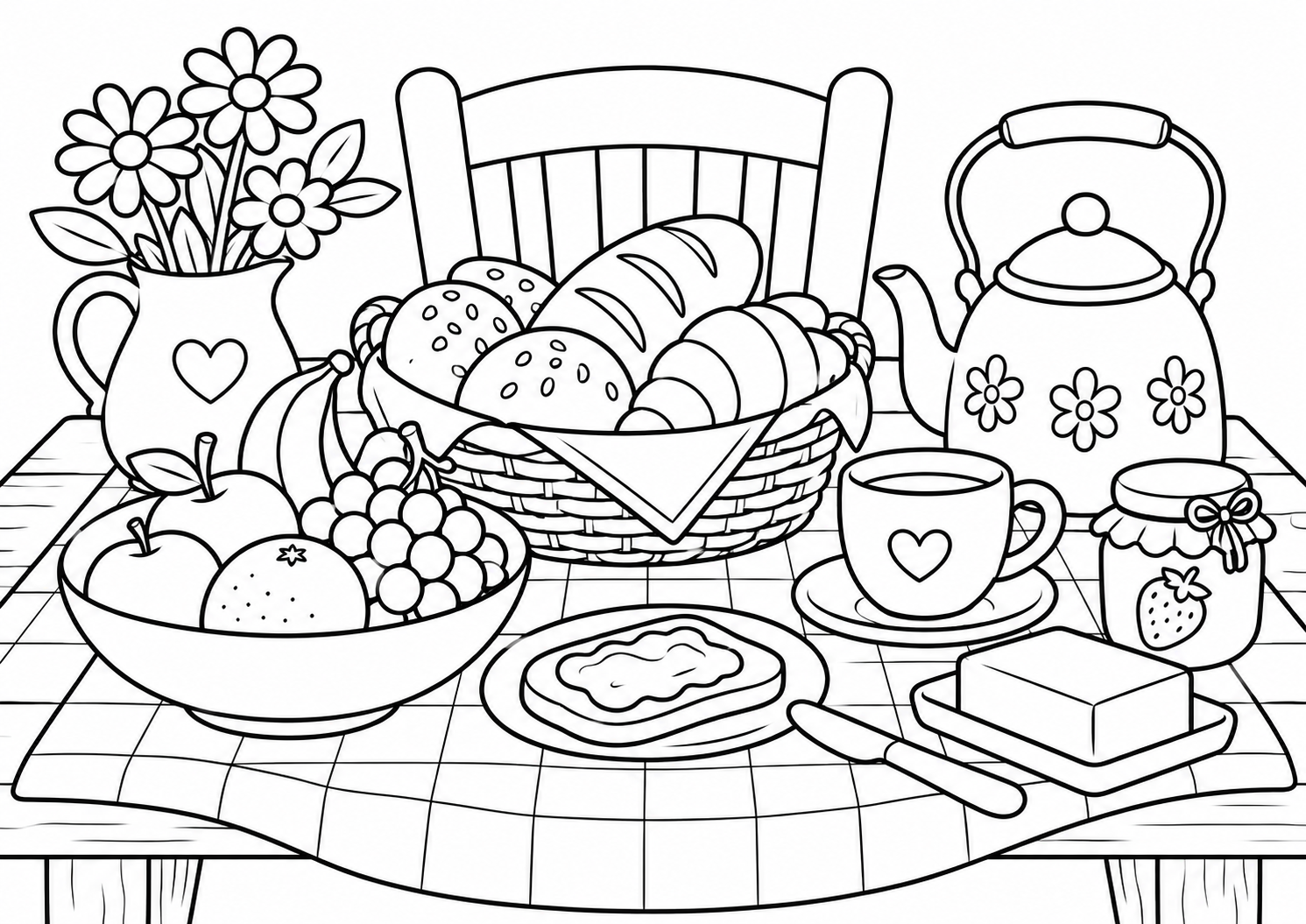 Mesa de café da manhã com pães frutas e chaleira, desenho para colorir em A4 paisagem