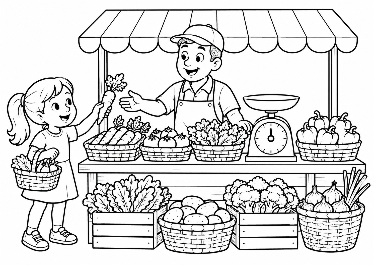 Mercadinho com cestos de hortaliças e balança, desenho para colorir em A4 paisagem