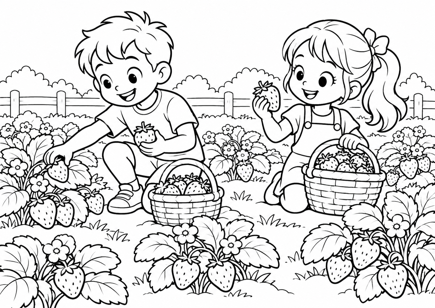 Jardim de morangos com crianças colhendo frutas, desenho para colorir em A4 paisagem
