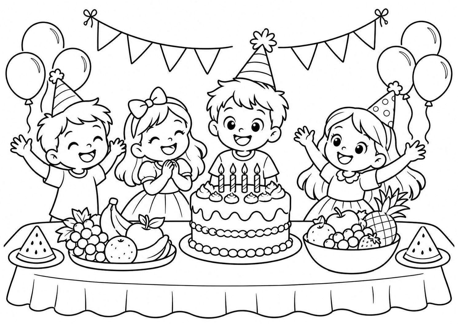 Festa de aniversário com bolo, frutas e bandeirinhas, desenho para colorir em A4 paisagem