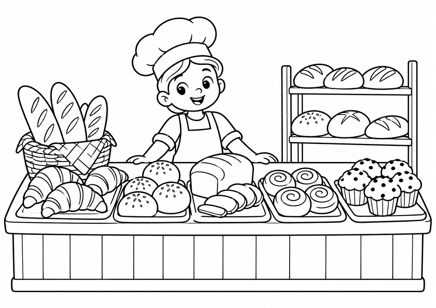 Pequena padaria com pães diferentes expostos numa bancada, desenho para colorir em A4 paisagem