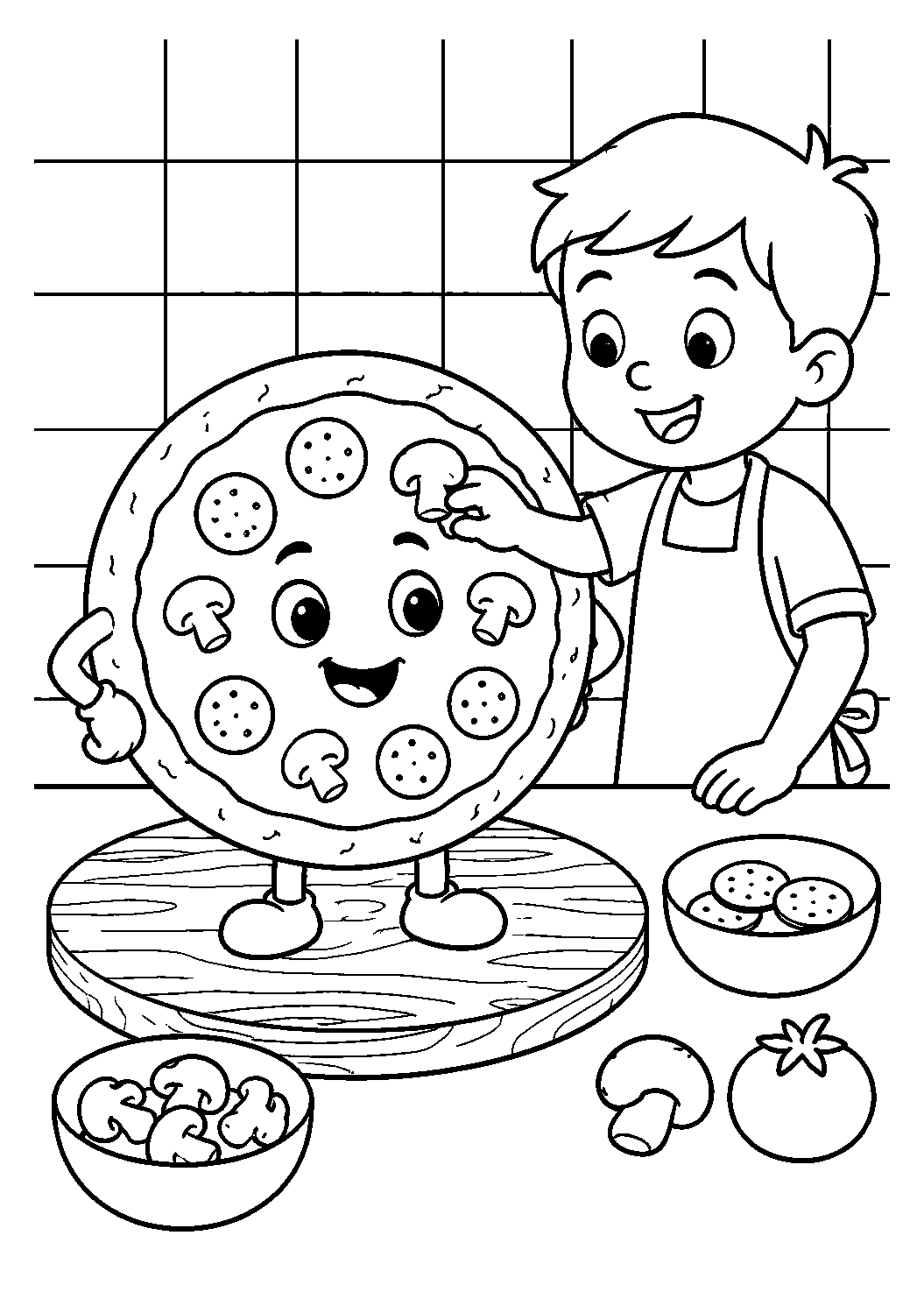 Menino preparando pizza, desenho para colorir em A4 retrato