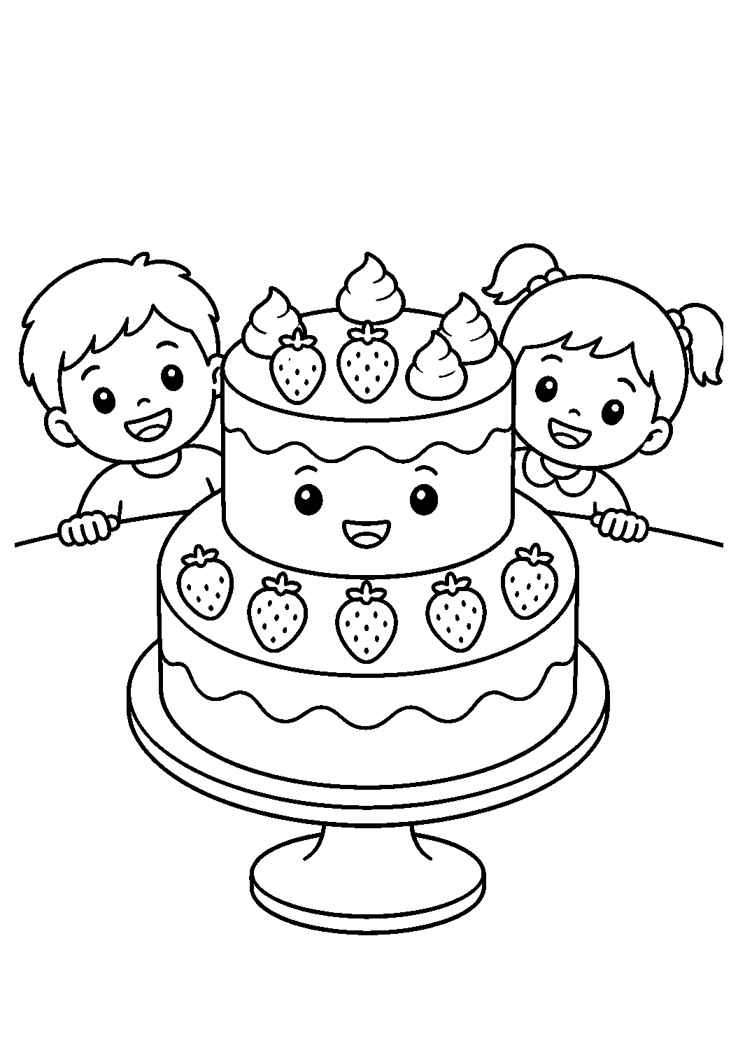 Crianças com bolo de morango, desenho para colorir em A4 retrato