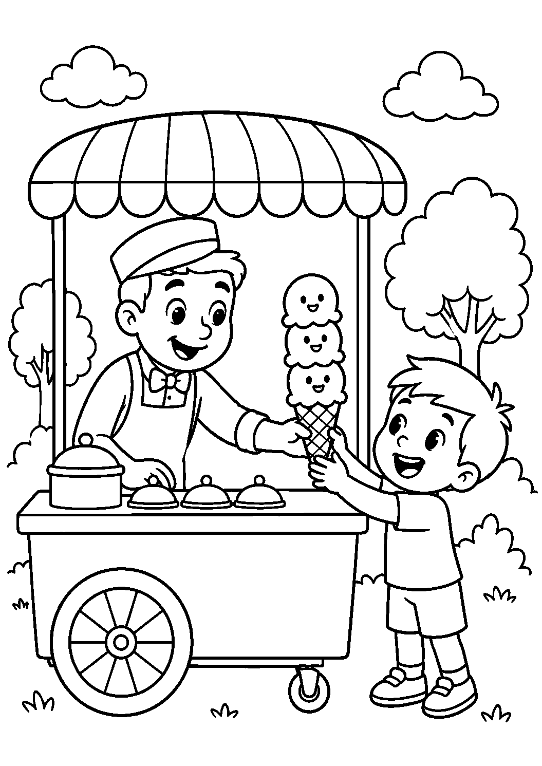 Menino no carrinho de sorvete, desenho para colorir em A4 retrato